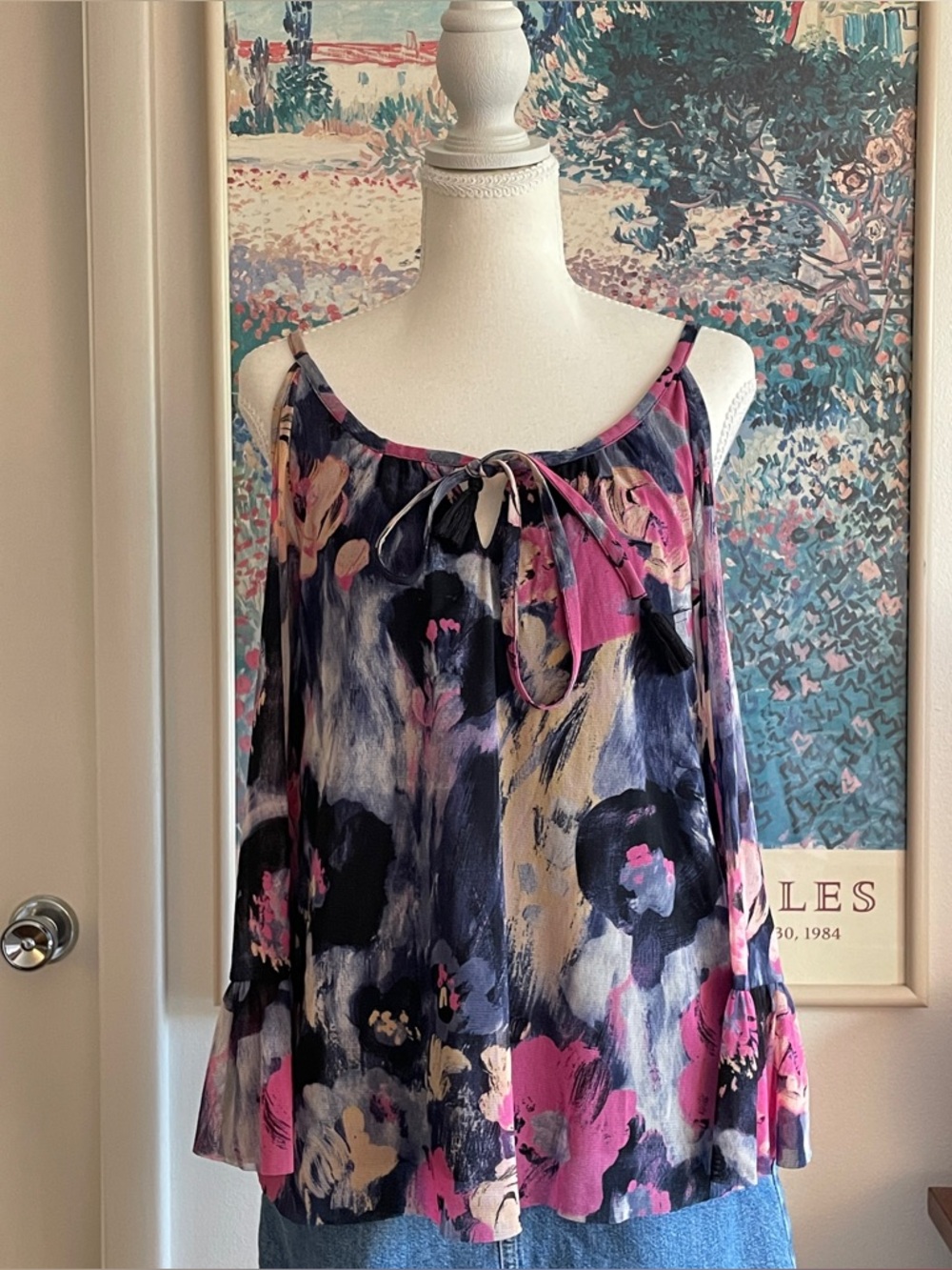 VTG Y2K Floral Off The Shoulder Bell Sleeve Top Pink Blue Watercolor Fairy Boho